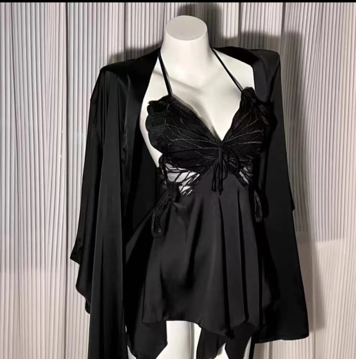 Hot Sale Of The Season New Butterfly Lady Satin Lace Tempting Backless Bra Pad Sexual Interest Underwear Women's Nightgown Se...