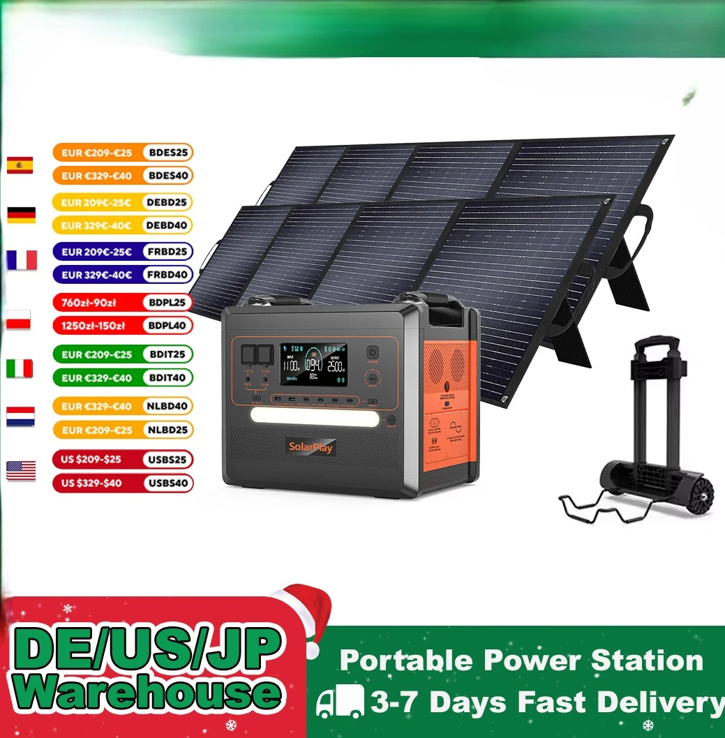 SOLARPLAY Q2402M Outdoor Generator 2400W MPPT Portable Power Station with 1/2 X 200W Folable Solar Panels Trolley For RV Camping