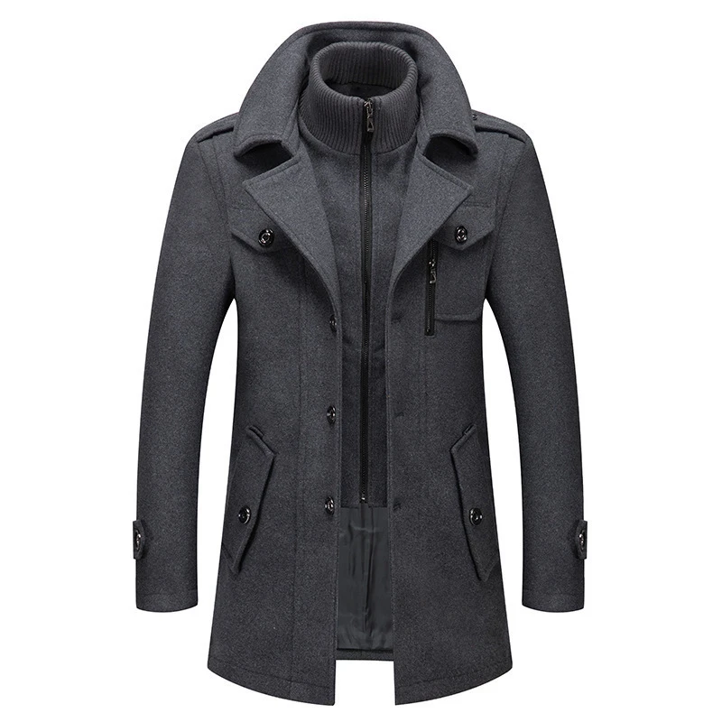 Fashionable Double Collar Woolen Coat for Men Winter Thickened Business Casual Straight Hem Simple Design No Belt Side Pocket