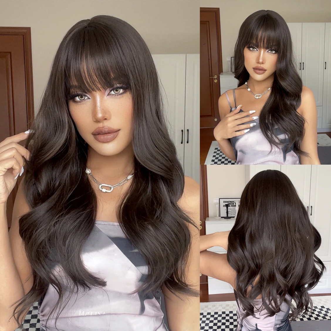 Long Dark Brown Women's Wigs with Bangs Water Wave Heat Resistant Synthetic Wigs for Women African American Hair Wig