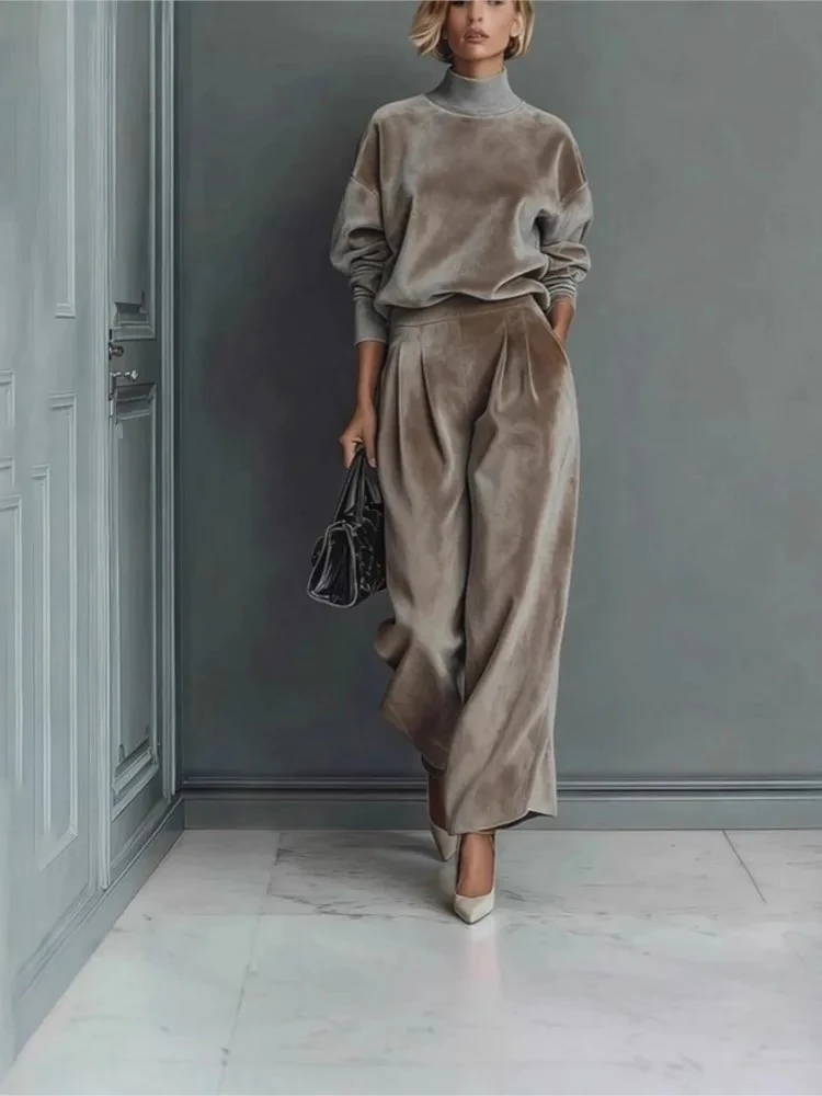 Autumn Winter Fashion High Collar Gold Velvet Long Sleeve Women's Suit Casual Sports Wide Leg Trousers Female Office 2 Piece Set