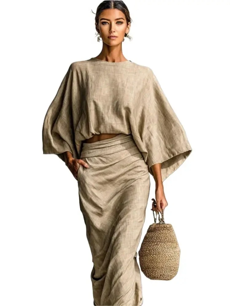 New Fashion Bat Sleeve Shirt + Skirt Suit Women Autumn Casual Loose Solid Color Home Top Long Skirt For Women