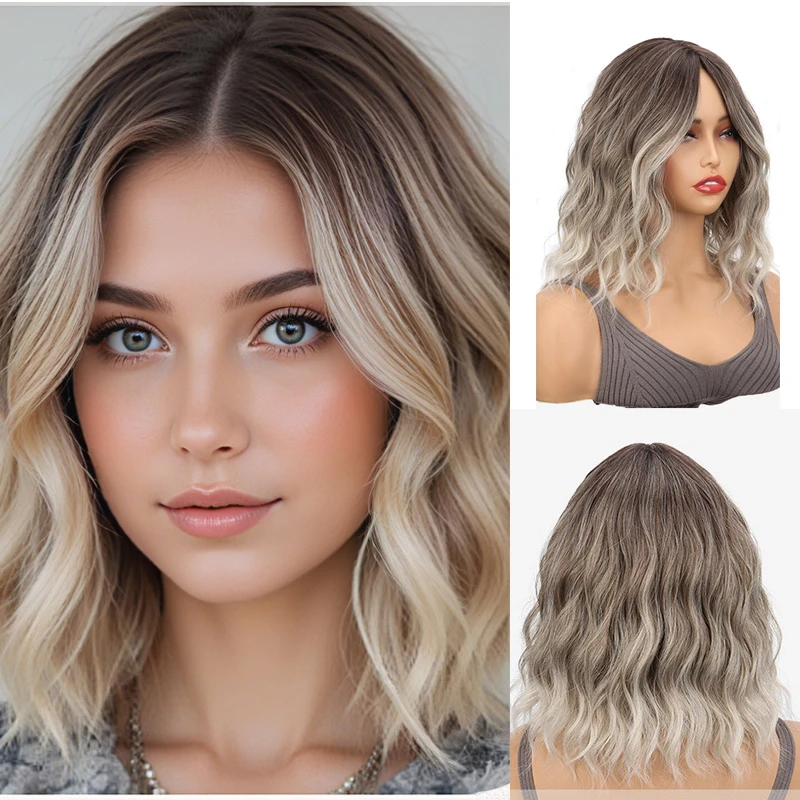 Synthetic Shoulder Length Body Wave Brown Wigs with Dark Roots High Density Heat Resistant Hair Wigs for Women