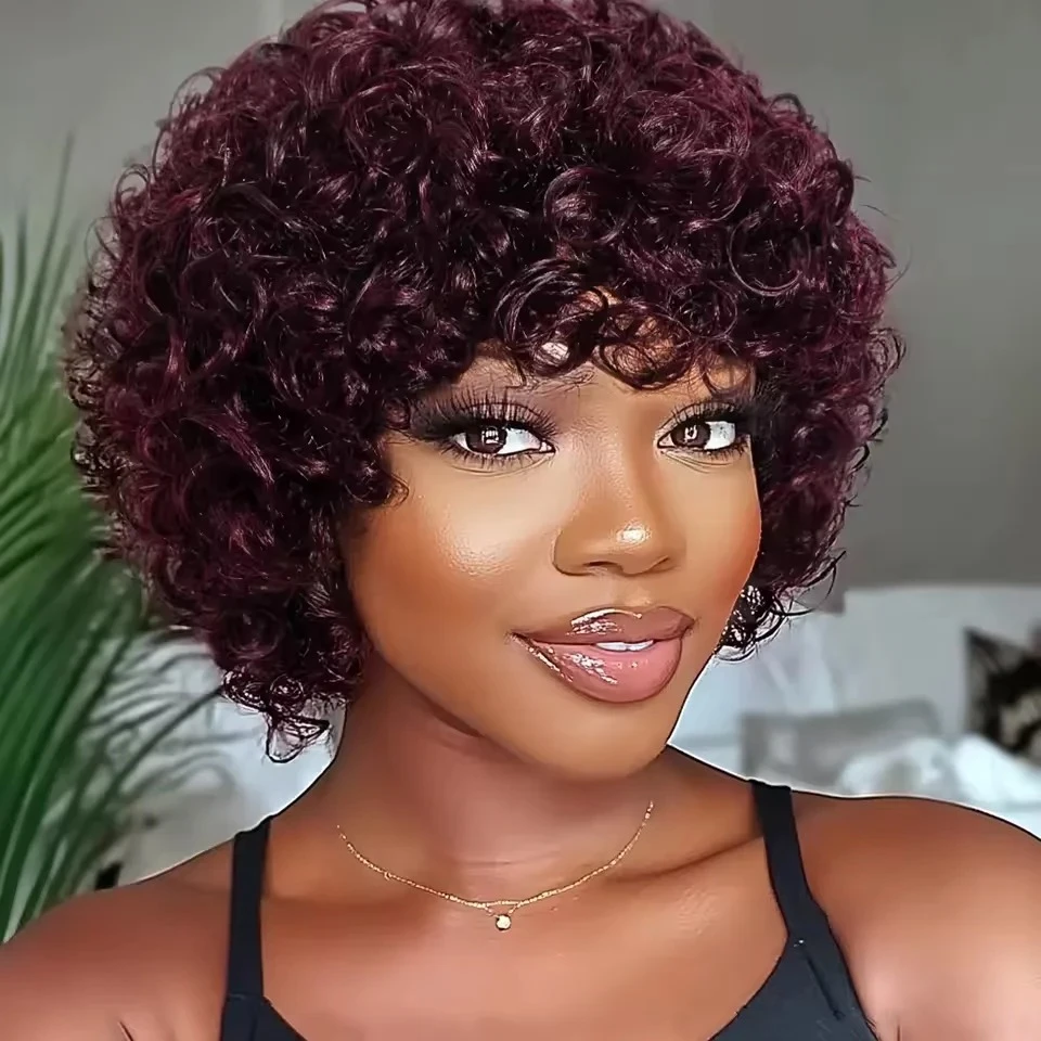 Debut Short Pixie Afro Kinky Curly Wigs for Black Women Glueless Natural Brown Bob Wig With Bangs Brazilian Human Hair Wigs