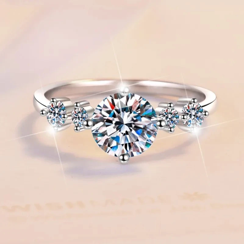 Real Moissanite 925 Sterling Silver Women Ring 1CT Round D Color VVS1 3EX Cut Round Diamond Finger Band Luxury Jewelry