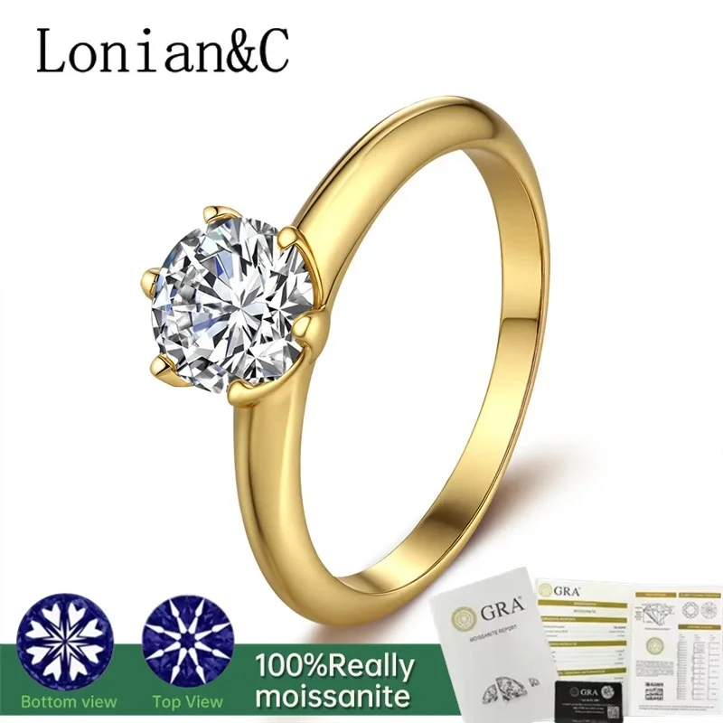Lonian&C Classic 18K Yellow Gold Plated Moissanite Wedding Ring 1ct/2ct Women Band Eternal Silver Diamond Jewelry Lab Created