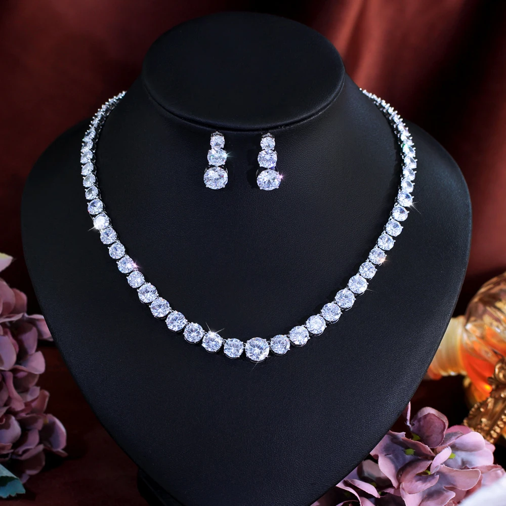 Glittering Round Cubic Zirconia Tennis Necklace and Earrings Wedding Bridal Party Jewelry Set for Women