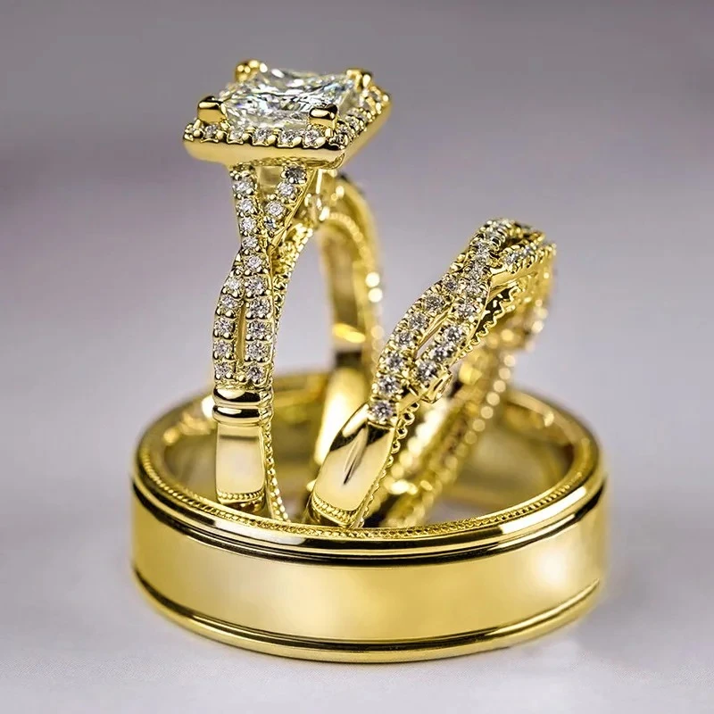 14K Gold Vintage 3-in-1 Promise Ring Set Lab Diamond Engagement Wedding Band Rings for Women Men Party Jewelry