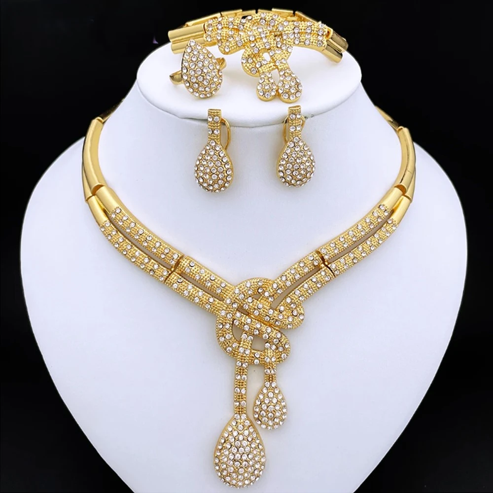 Dubai Gold Color Women Jewelry Sets Classic Design Necklace Earrings Charm Bracelet Ring Banquet Party Jewelry 18K Gold Plated