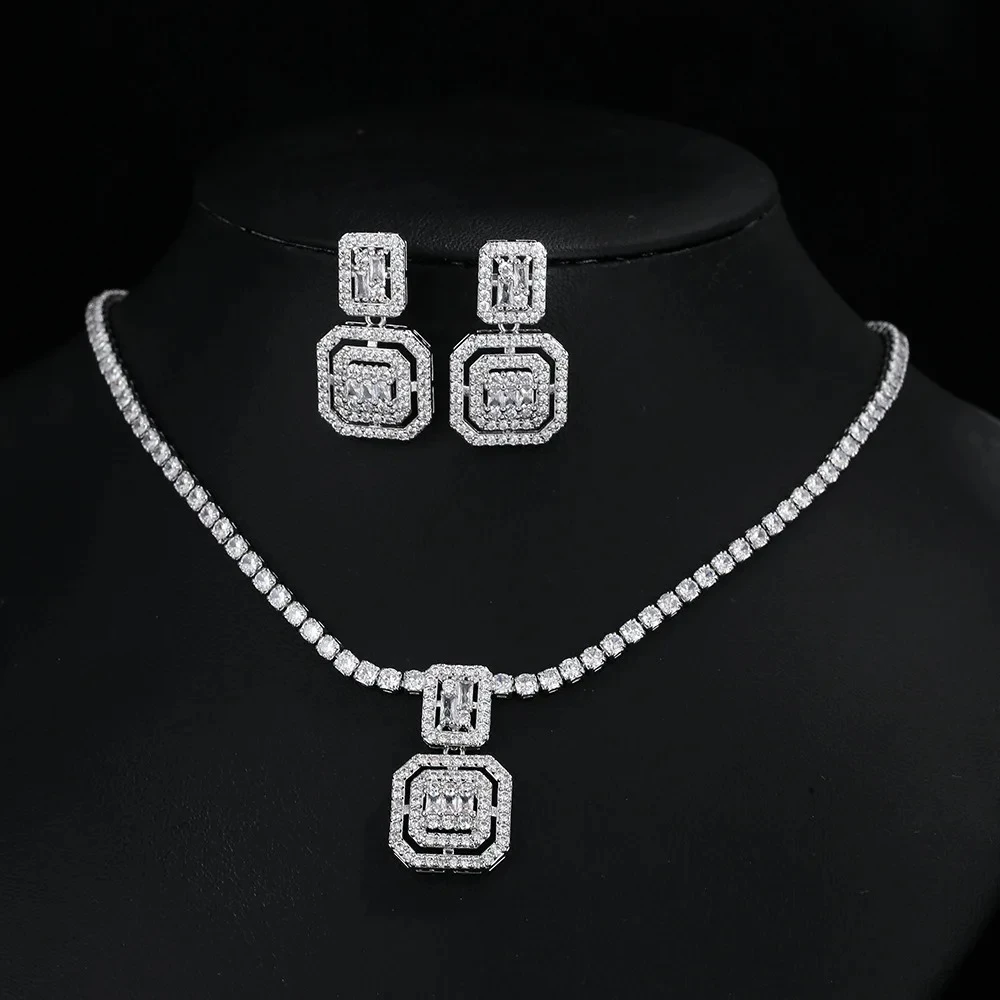 Retro Simple Square Zircon Earrings Necklace Set Luxury Small Design Bridal Gown Set Fashionable Geometric Style Women's Jewelry