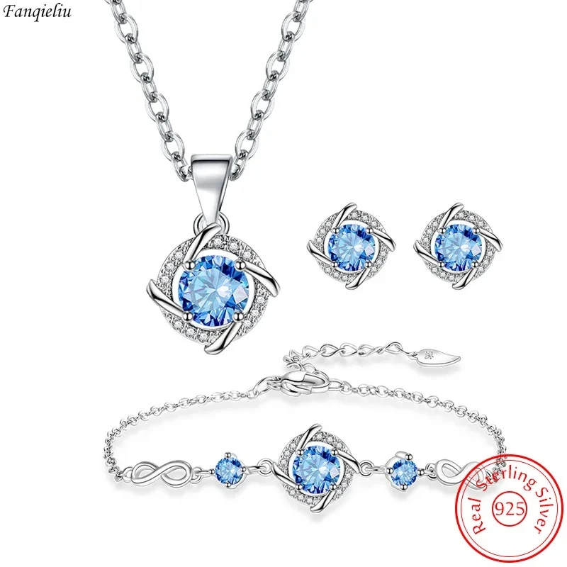 925 Sterling Silver Stud Earrings Crystal Clover Link Bracelets Necklace Jewelry Sets For Women Trendy New FQL23001