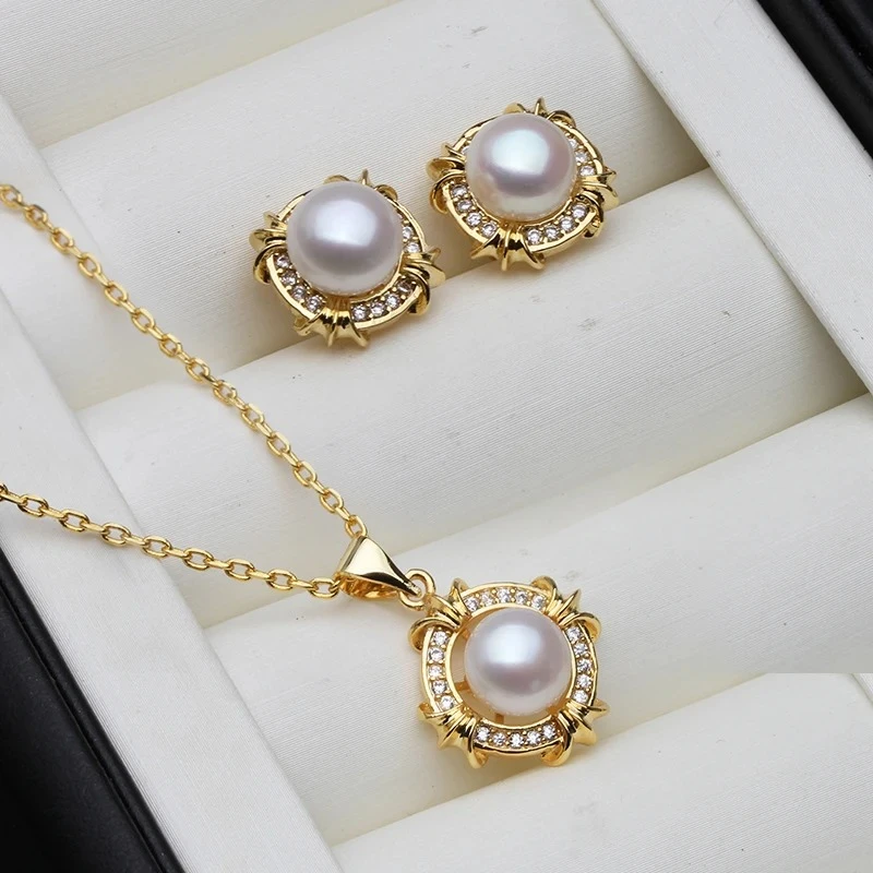New Natural Freshwater Pearl Necklace And Earrings Set For Women,18k Gold Plated Real Pearl Jewelry Set Grandmother Wife Gift