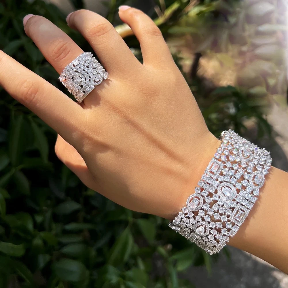 Zircons Luxury Chunky Cubic Zirconia Inlay Wide Big Open Cuff Bangle and Ring Dubai Wedding Bridal Party Jewelry Sets T749