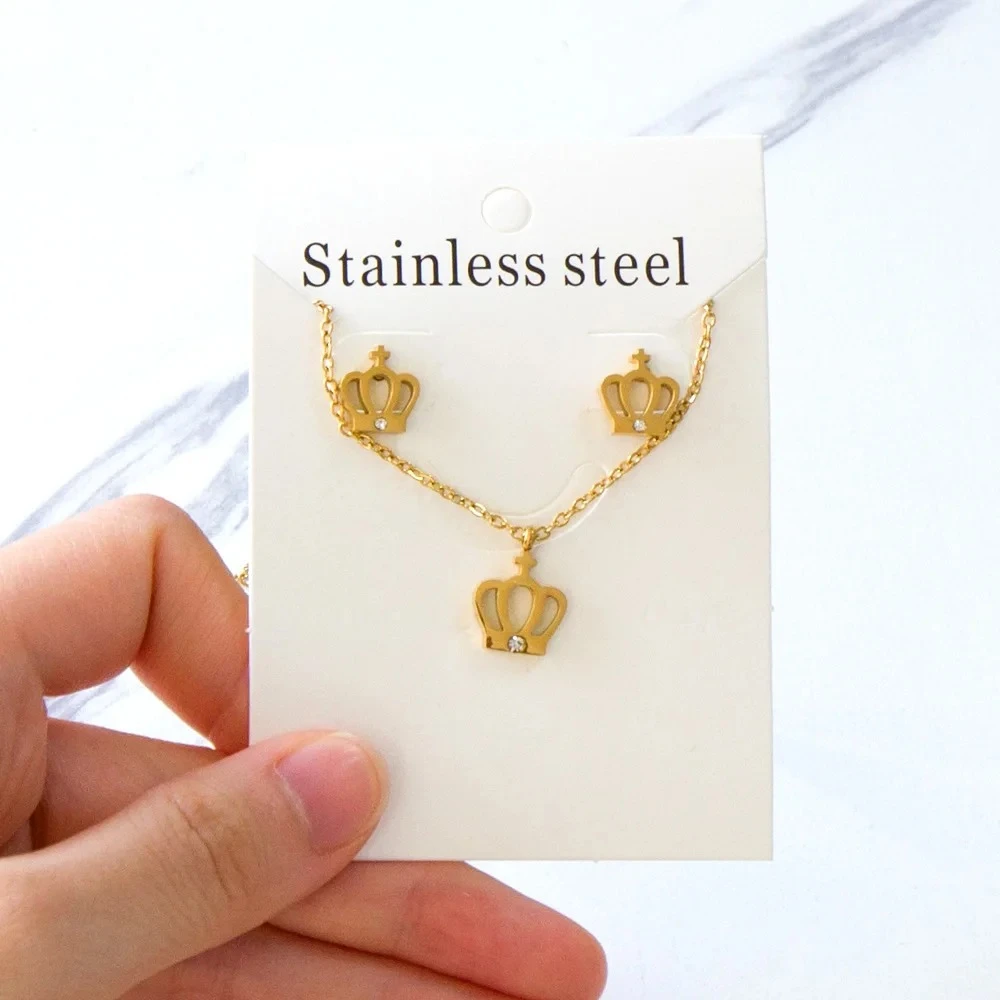 Chic Elegant Heart Indian Fine Jewelry Sets Women Wedding Crown Steel Necklace And Earrings bijoux Bulk Wholesale