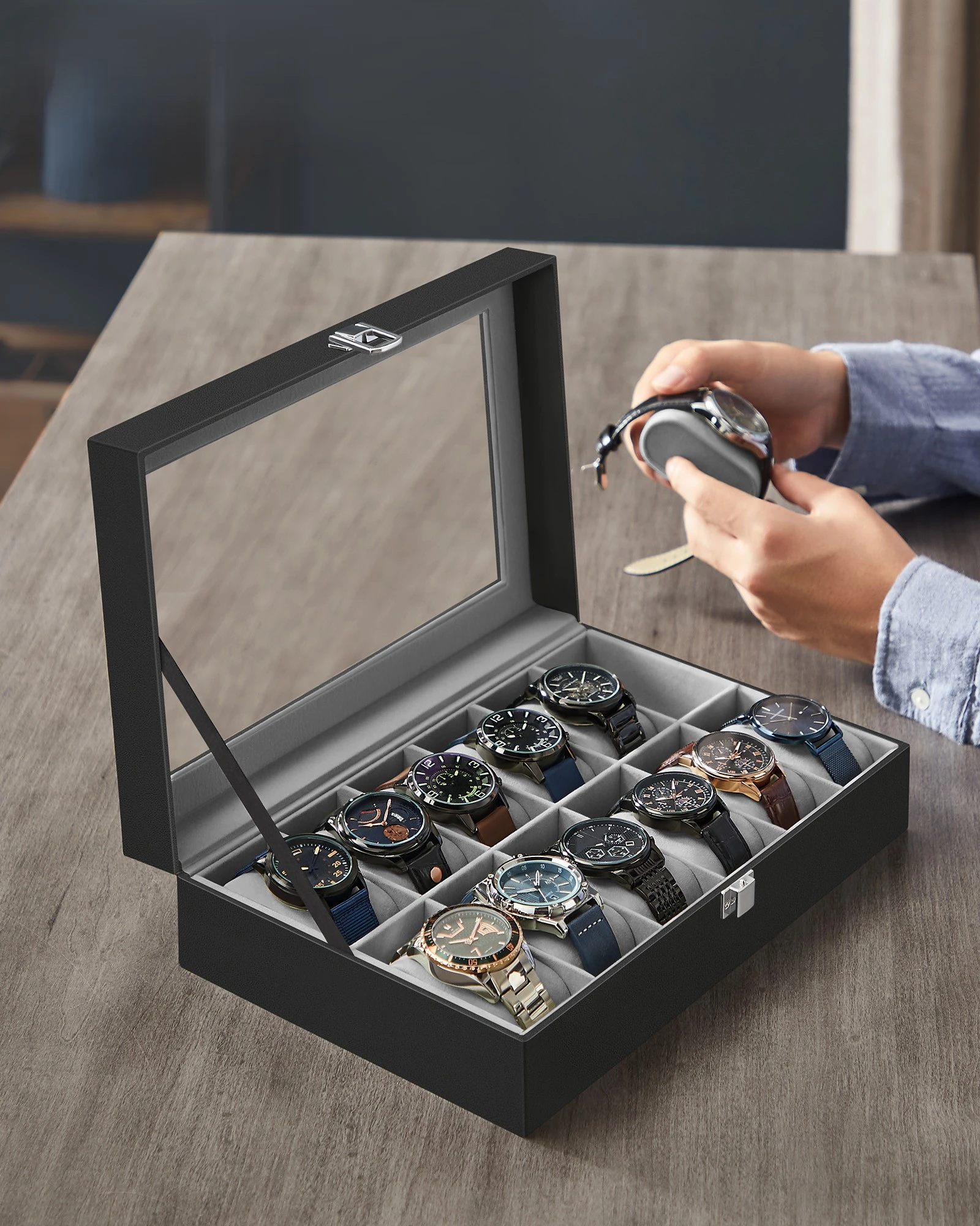 watches Box 12 Compartments watches Box Glass lid watches Case Removable watches Pillow Premium watches Box