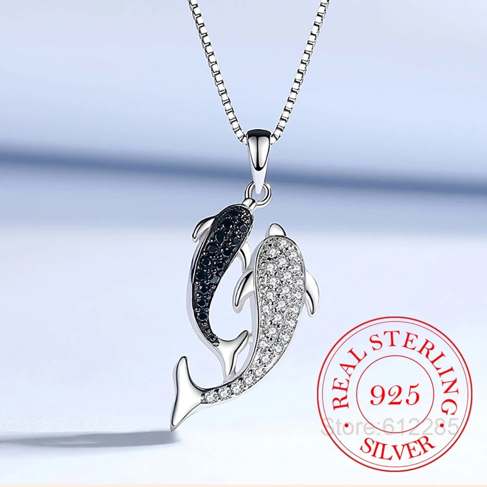 Real 925 Sterling Silver Jewelry Crystal Dolphin Box Chain Pendants&Necklaces for Women Solid Sterling-silver Choker Necklace