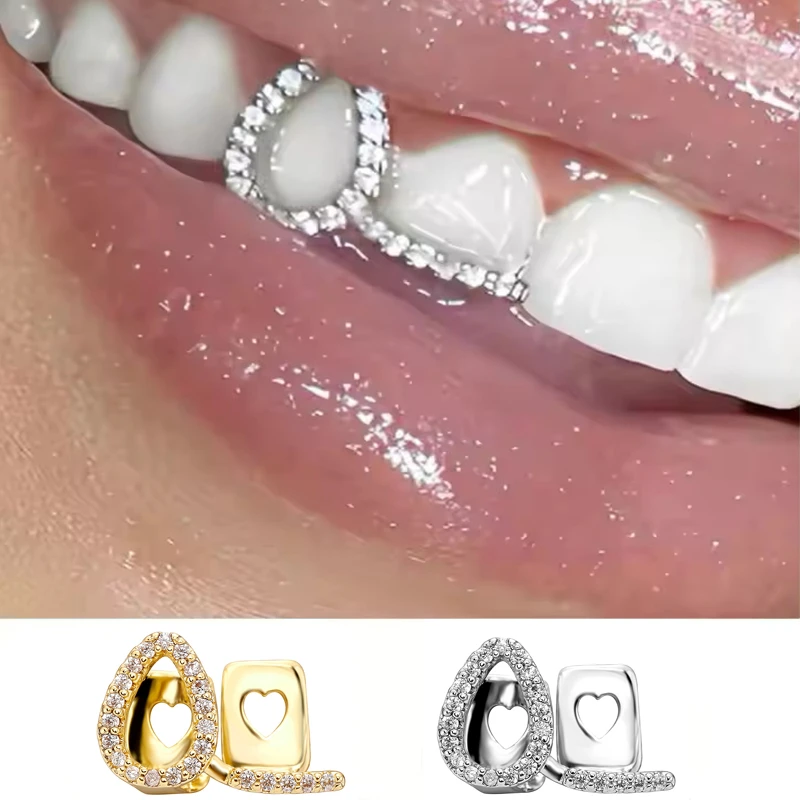 Tooth Caps Hollow Double Iced Out Cz Stones Teeth Caps Dental Grills Jewelry For Halloween Cosplay Party