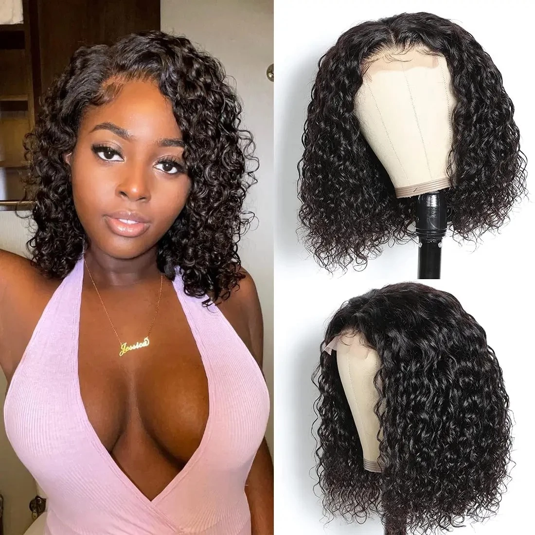 Water Wave Bob Wig 13x4 Lace Front Wigs Transparent Lace Frontal Wig 180% Density Brazilian Human Hair Wigs For Women Short Wig