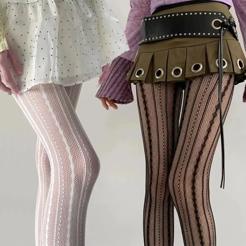 Sexy Hollowed Fishnet Pantyhose Elastic Breathable Lace Tights Striped Women's Legging JK Style