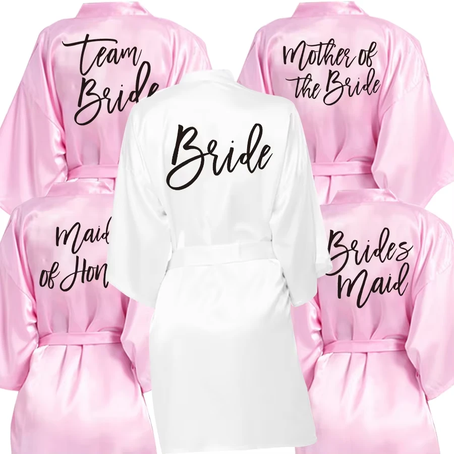 Wedding Party Bride Squad Robe With Black Letters Kimono Satin Pajamas Bridesmaid Plus Size Bathrobe Robes