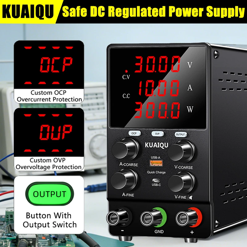 KUAIQU DC OCP Power Supply Lab 30V 10A With OVP Output Switch Current Limiting Protection Two USB Interface Safety Power Supply