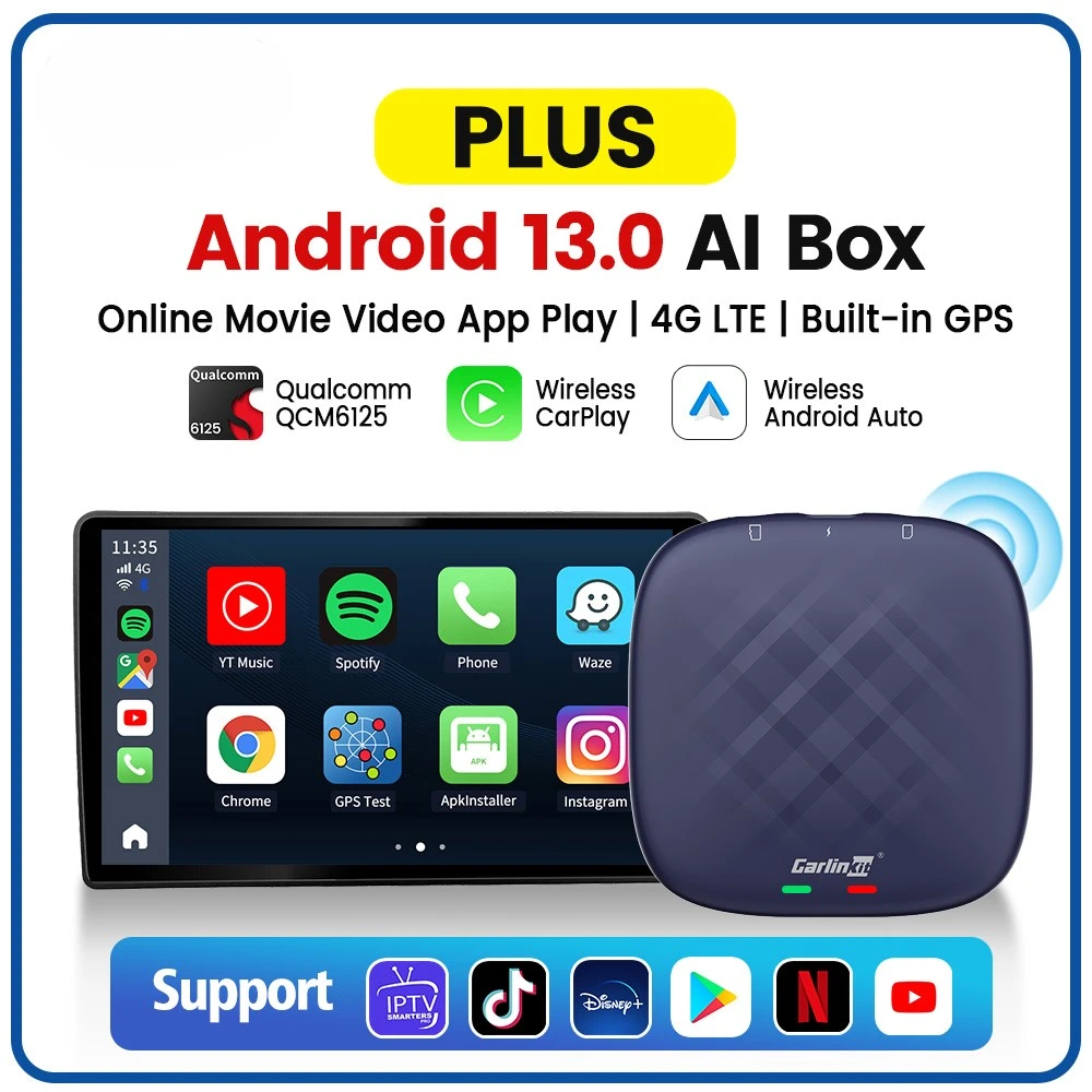 Carlinkit CarPlay Ai TV Box Plus Android13 8+128GB QCM 8-Core 665 6125 Wireless CarPlay Android Auto For Youtube Netflix 4G LTE
