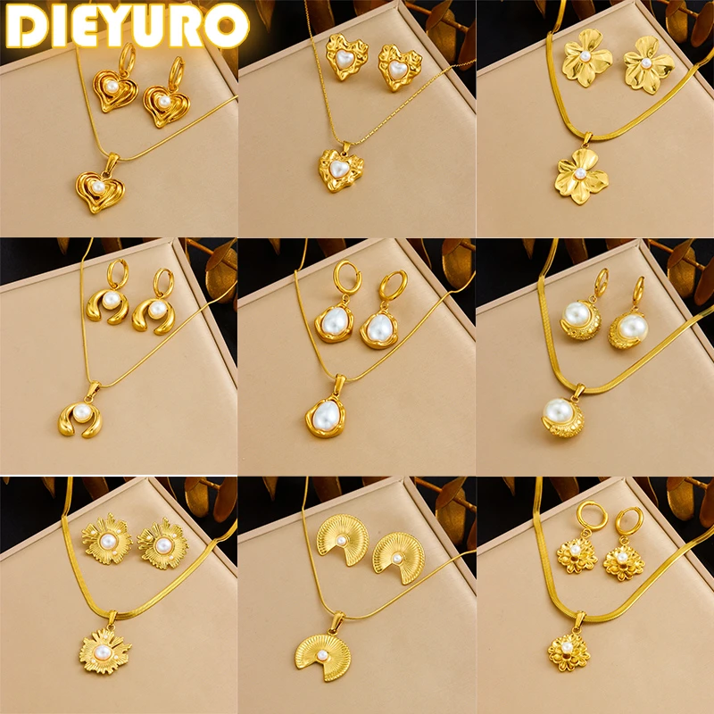 Stainless Steel Golden Flower Heart Moon Pearl Necklace Earrings Set For Women Girl New Trend Fashion Jewelry Suit