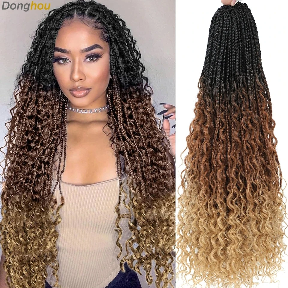 14 18 24 Inch Boho Box Braids Crochet Braids Curly Ends 1B 30 27 #4 Bug 8 Colors Ombre Goddess Bohemian Box Braids Crochet Hair