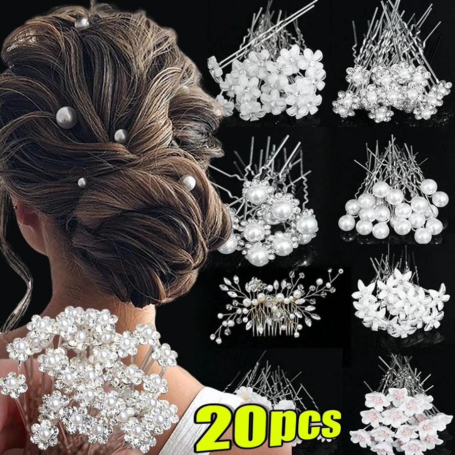 20pcs Elegant Pearl Crystal Hairpin Wedding Bridal U-shaped Metal Hair Comb Fork