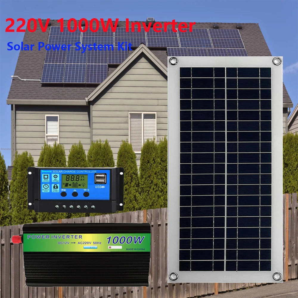 220V 1000W Inverter Kit Solar Power System DC12V USB5V Charging Solar Panel Cont