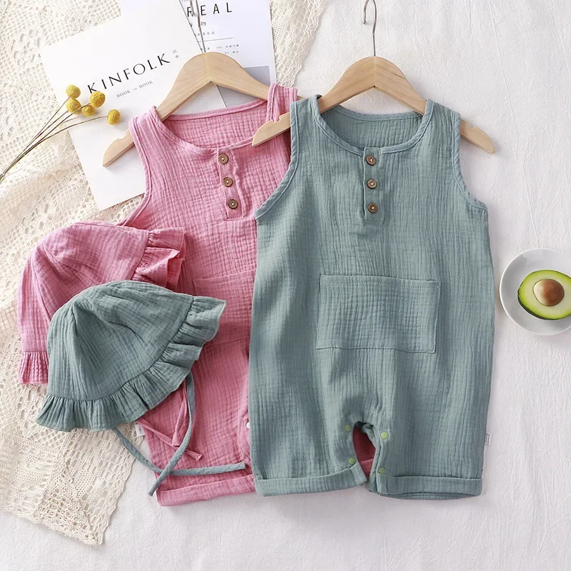 2Pcs/Set Baby Summer Clothing Solid Newborn Infant Romper With Hat Muslin Cotton