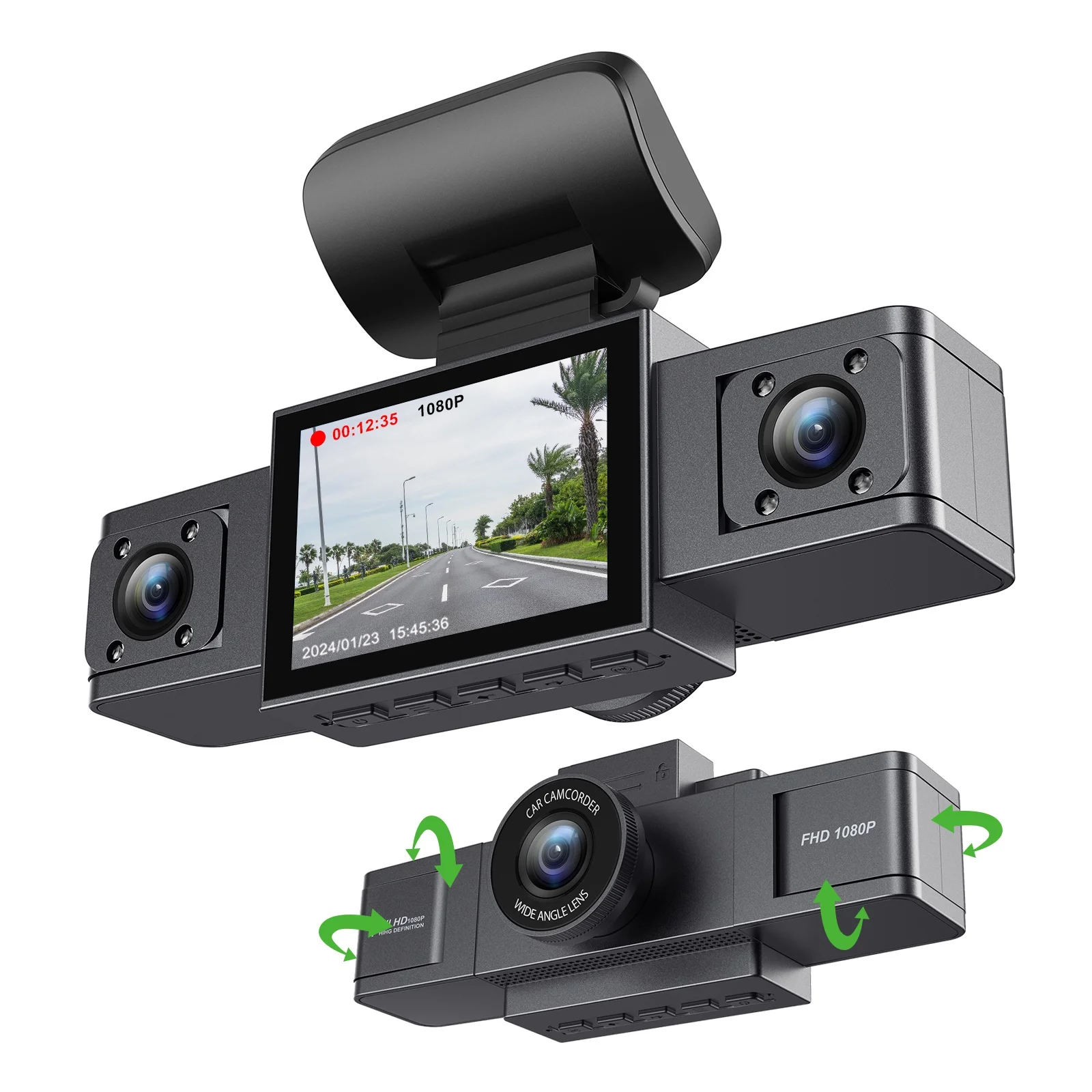 3 Channel Dash Cam Video Recorder Three Lens Car Camera with Rear View DVR 24H P