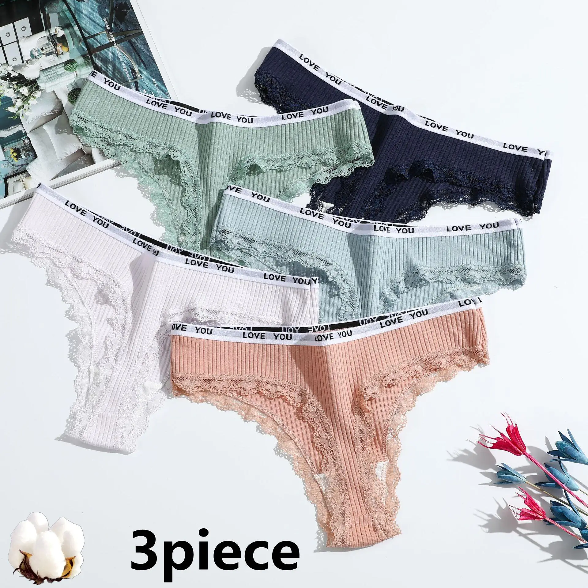 3-Piece Thong Cotton Sexy Ladies Panties Women's Underwear Low Waist Solid Color