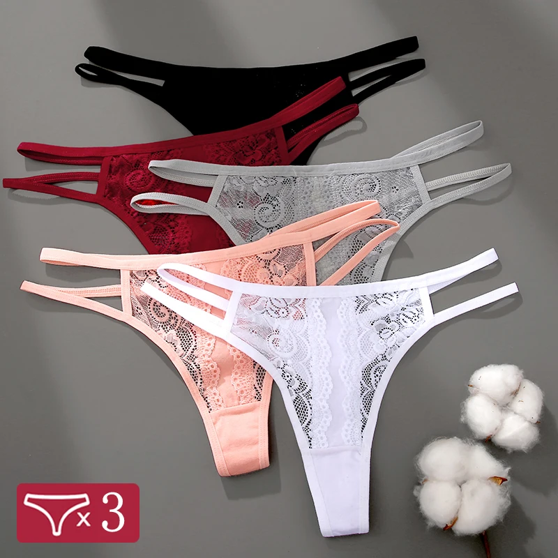 3Pcs/Set Sexy Lace Hollow Out Thongs Women Panties Low Waist Transparent G-Strin