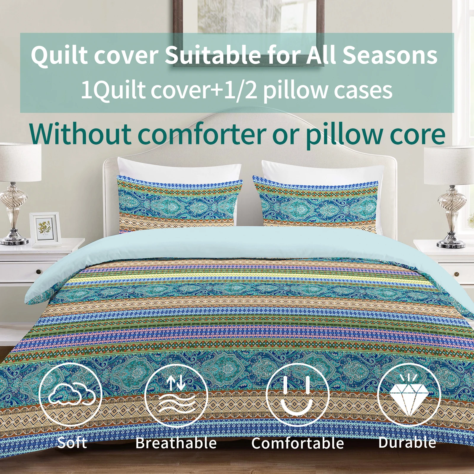 3pcs 100% Polyester Ethnic Style Blue Striped Pattern Print Cover Set Soft Comfo