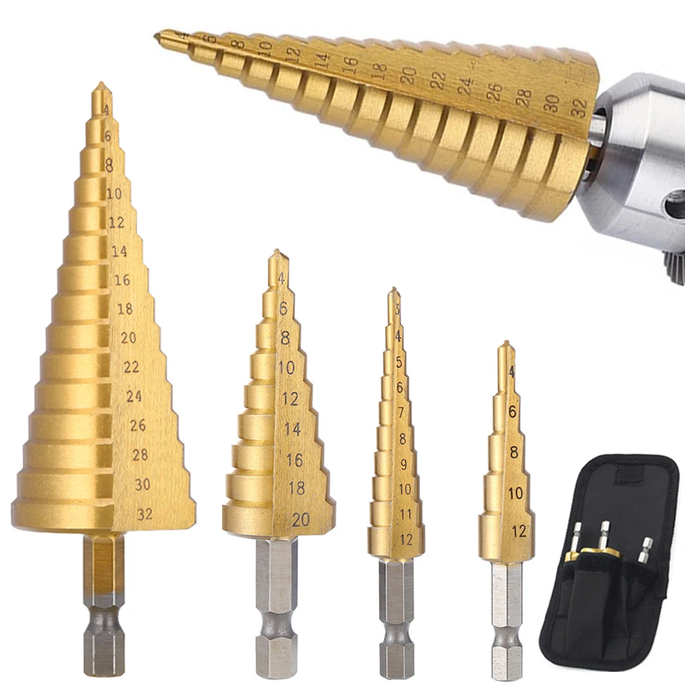 3pcs 3-12mm 4-12mm 4-20mm HSS Straight Groove Step Drill Bit Set Titanium Coated