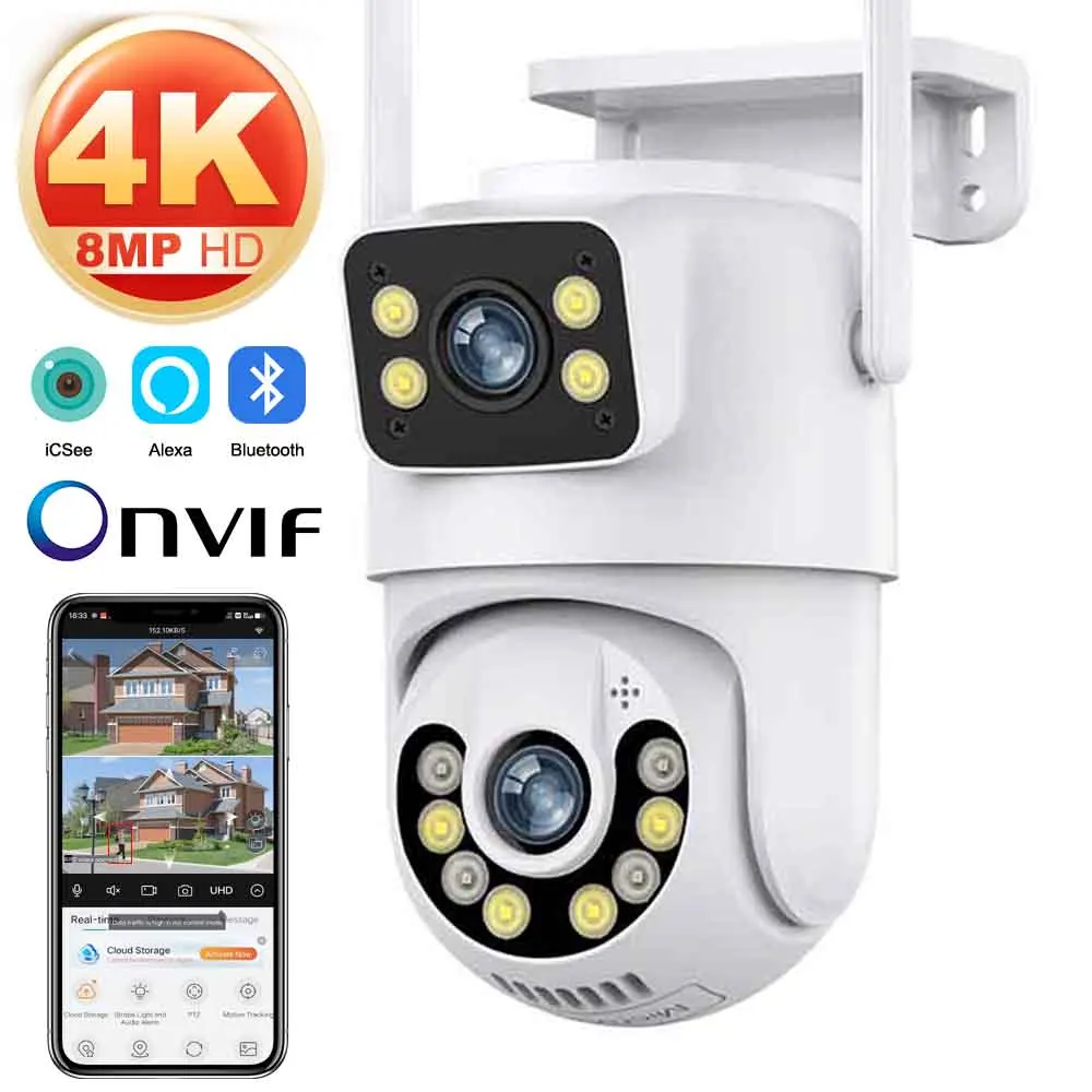 4K 8MP Dual Screen Dual Lens WIFI Camera 2K PTZ Camera Outdoor IP66 Waterproof A