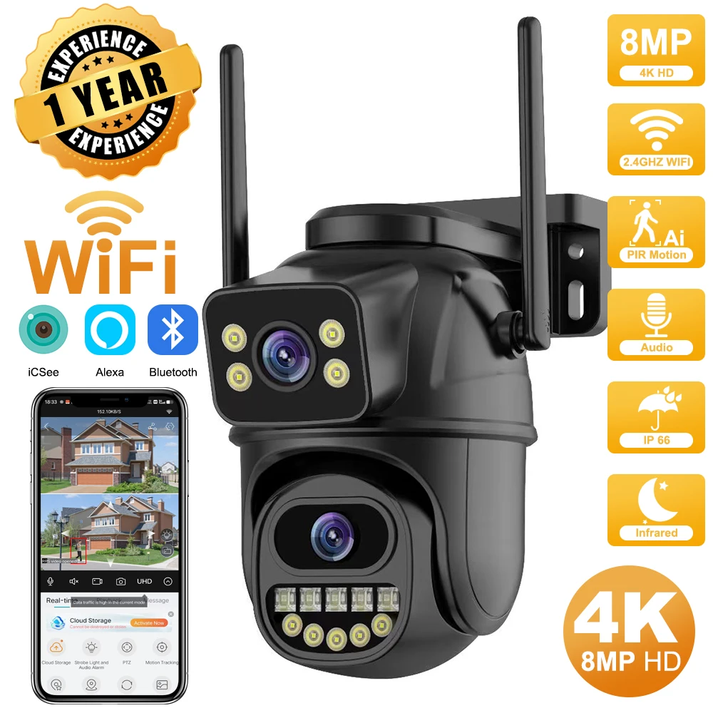 4K 8MP HD Wifi PTZ Camera Outdoor 4MP Dual Lens Dual Screen AI Auto Tracking IP 