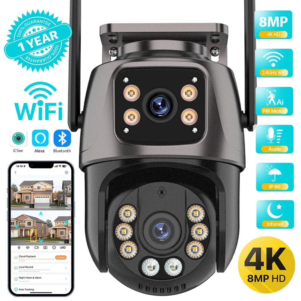 4K 8MP HD Wifi PTZ Camera Outdoor 4MP Dual Lens Dual Screen AI Auto Tracking IP 