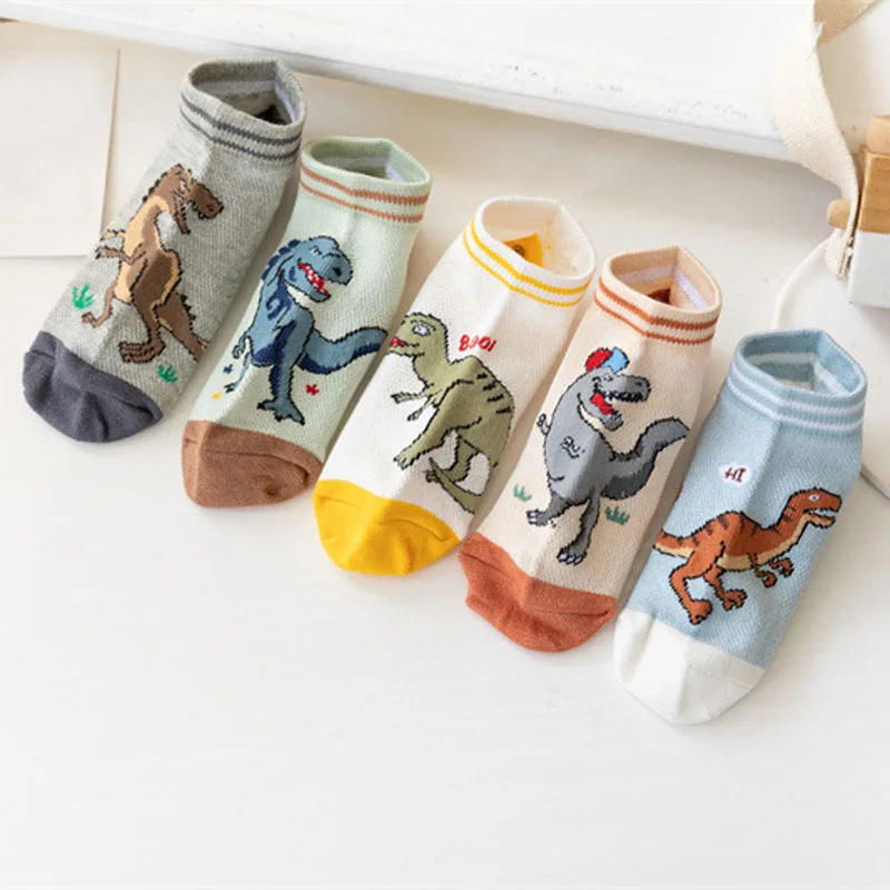 5 Pairs Boy's Dinosaur Pattern Socks Comfortable Breathable Casual Soft Kids Soc
