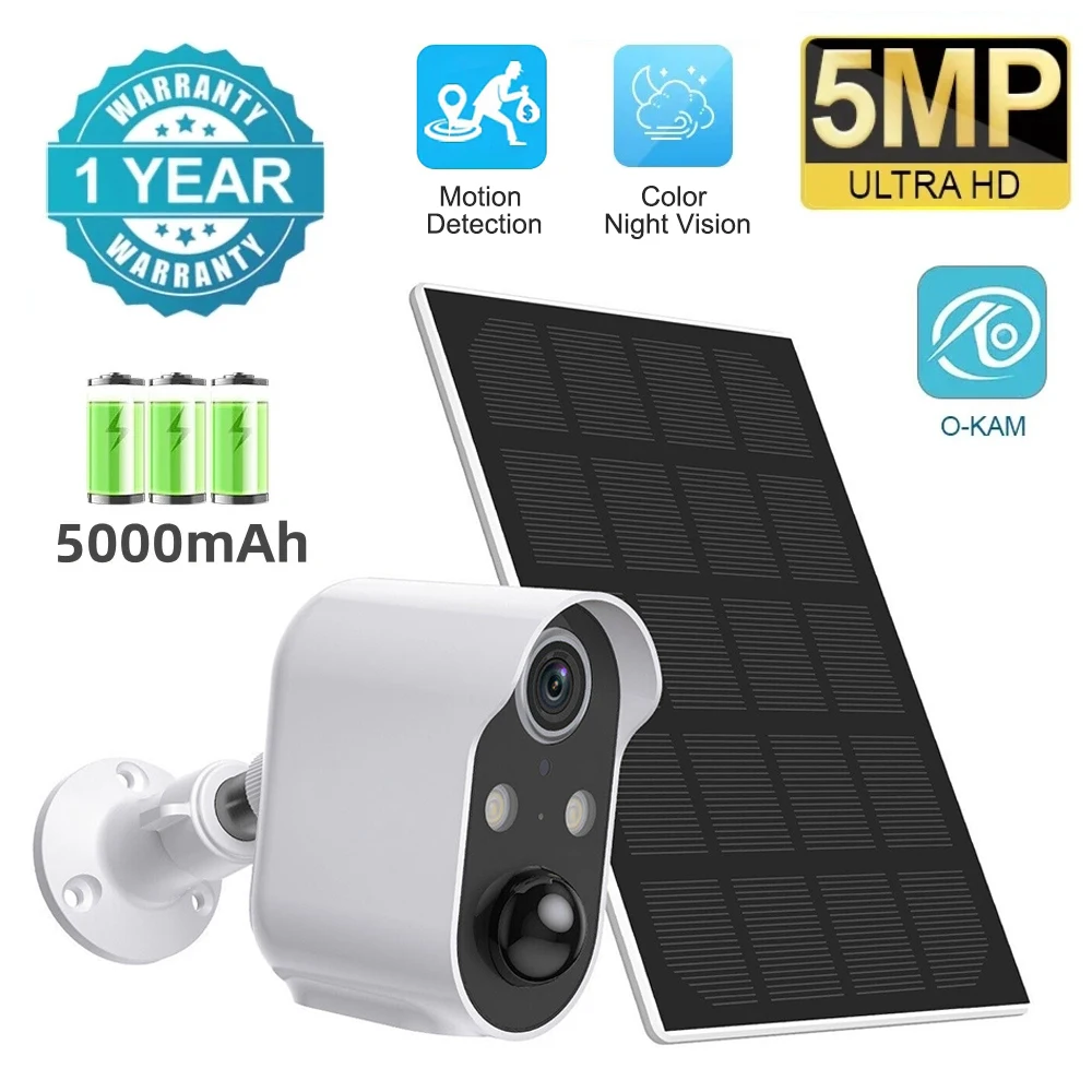 5MP HD WiFi Camera Smart Life 5200 mAh Rechargeable Battery Solar Outdoor 1080P 
