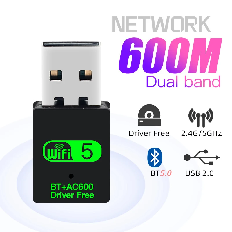 600Mbps USB WiFi Bluetooth 5.0 Adapter 2in1 Dongle Dual Band 2.4G&5GHz USB WiFi 