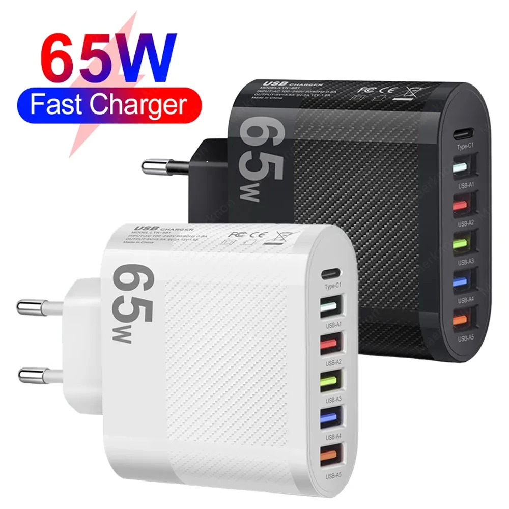 65W 5 USB Type-C Fast Charging Charger For iPhone Xiaomi Samsung Huawei Google Q