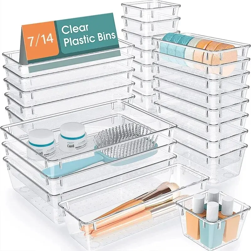 7/14 Pcs Drawer Organizers Set Clear Plastic Desk Dividers Bins Bedroom Dresser 