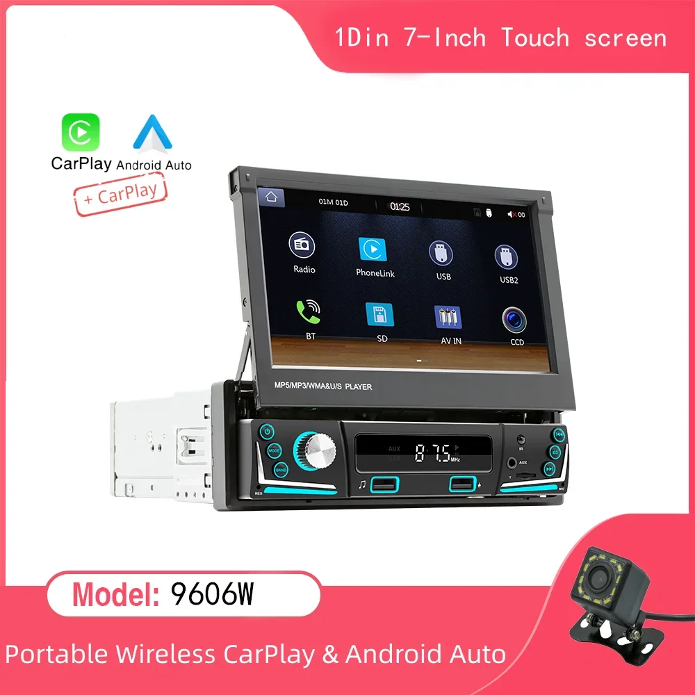 7 Inch HD Wireless Android Auto CarPlay 1Din Video Multimedia MP5 Player Retract