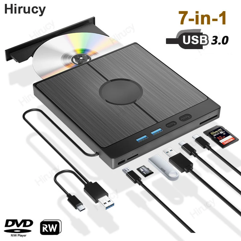 7-in-1 USB 3.0 Type C External CD DVD RW Optical Drive DVD Player Burner Reader 