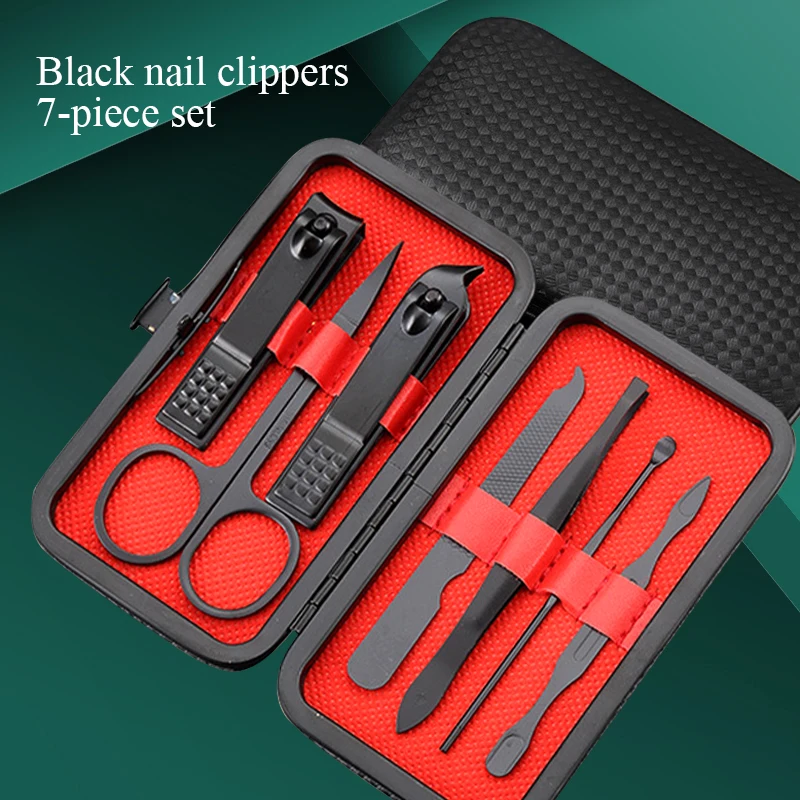 7Pcs Portable Black Nail Clipper Set Stainless Steel Scissor Tweezer Nail Tools 