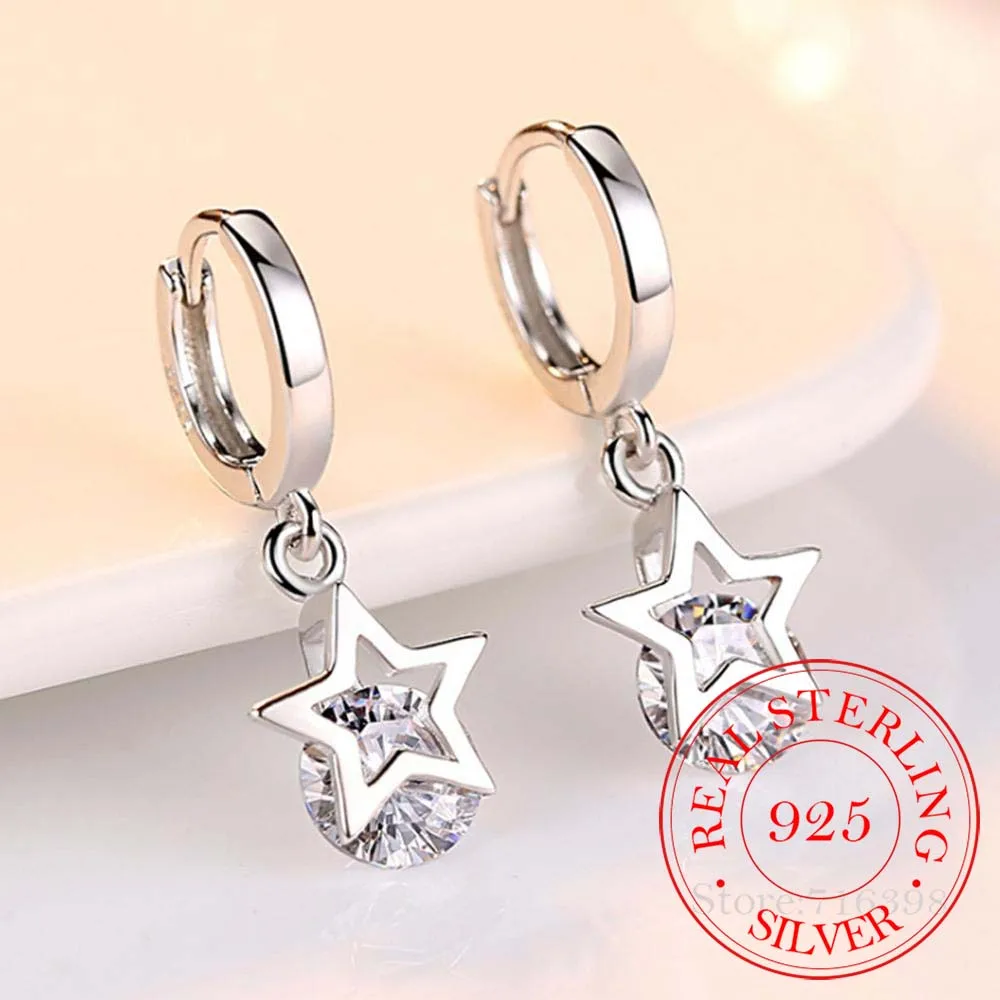 925 Sterling Silver Crystal Star Charm Stud Earrings For Women Girls Kids Weddin