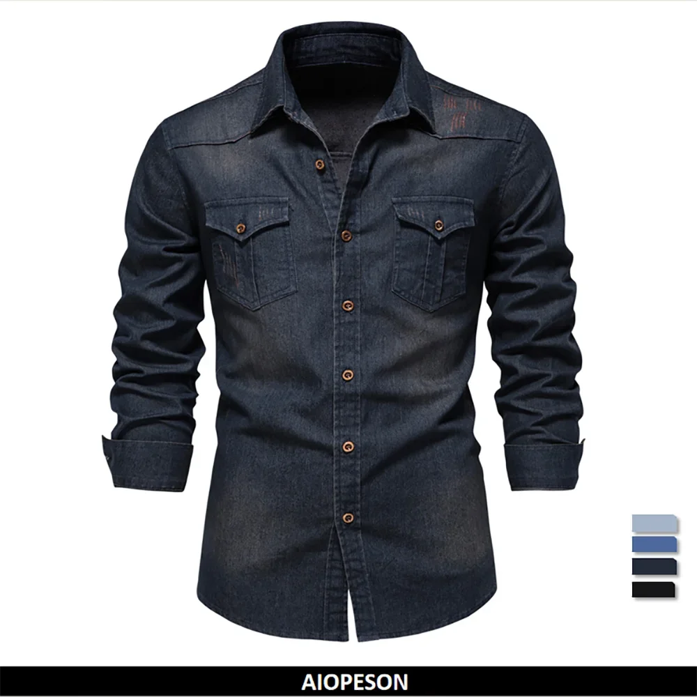 AIOPESON Brand Elastic Cotton Denim Shirt Men Long Sleeve Quality Cowboy Shirts 