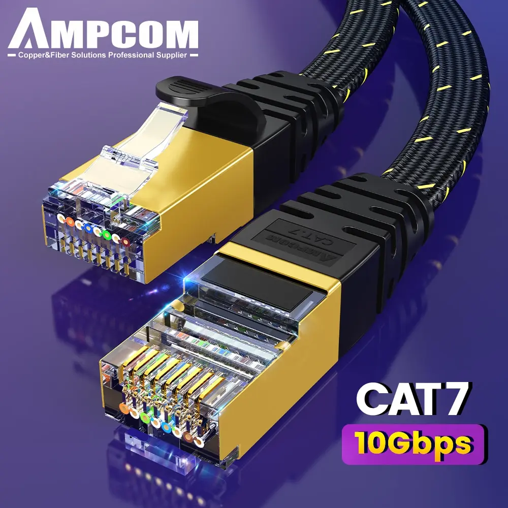 AMPCOM CAT7 Ethernet Cable Flat Lan Cable SFTP Round RJ45 Network Cable Cat 7 In